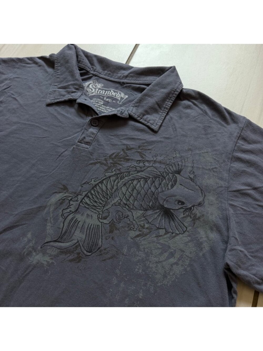 Stranded 2000's Gray Koi Fish Graphic Polo Size L
